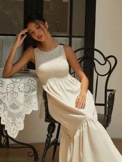 COMMENSE Shirred Tie Detail Cami Long Dress* White Dresses|Casual Dresses