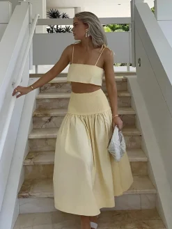 COMMENSE Shirred Waist Split Thigh Skirt Set* Skirt Sets|Long Sleeve Sets