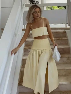 COMMENSE Shirred Waist Split Thigh Skirt Set* Skirt Sets|Long Sleeve Sets