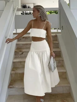 COMMENSE Shirred Waist Split Thigh Skirt Set* Skirt Sets|Long Sleeve Sets