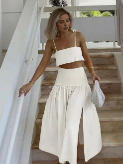COMMENSE Shirred Waist Split Thigh Skirt Set* Skirt Sets|Long Sleeve Sets
