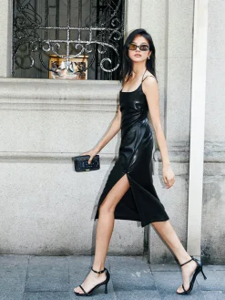 COMMENSE Side Split PU Leather Cami Dress* Black Dresses|Casual Dresses