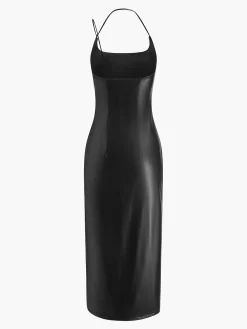 COMMENSE Side Split PU Leather Cami Dress* Black Dresses|Casual Dresses