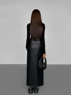 COMMENSE Side Split PU Leather Midi Skirt* Skirts|Bottoms