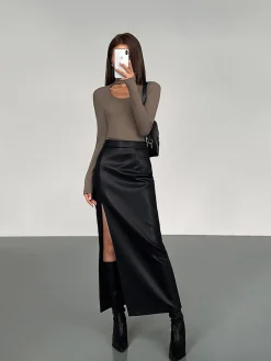 COMMENSE Side Split PU Leather Midi Skirt* Skirts|Bottoms