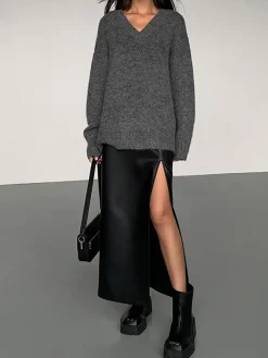 COMMENSE Side Split PU Leather Midi Skirt* Skirts|Bottoms