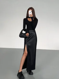 COMMENSE Side Split PU Leather Midi Skirt* Skirts|Bottoms