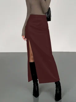 COMMENSE Side Split PU Leather Midi Skirt* Skirts|Bottoms