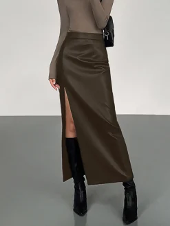 COMMENSE Side Split PU Leather Midi Skirt* Skirts|Bottoms