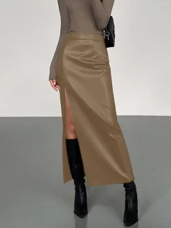 COMMENSE Side Split PU Leather Midi Skirt* Skirts|Bottoms