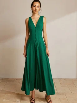 COMMENSE Sleeveless Button Front V-Neck Dress* Casual Dresses|Vacation Dresses