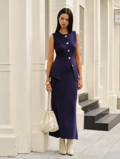 COMMENSE Sleeveless Button Jersey Skirt Set* Skirt Sets|Long Sleeve Sets