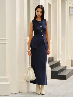 COMMENSE Sleeveless Button Jersey Skirt Set* Skirt Sets|Long Sleeve Sets