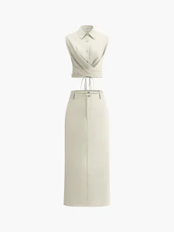 COMMENSE Sleeveless Button-Down Collar Tie Back Skirt Set* Skirt Sets|Long Sleeve Sets