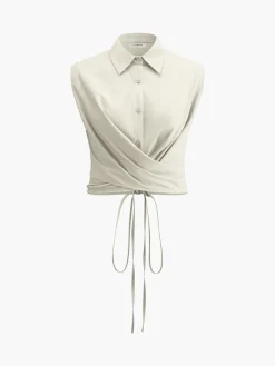 COMMENSE Sleeveless Button-Down Collar Tie Back Skirt Set* Skirt Sets|Long Sleeve Sets