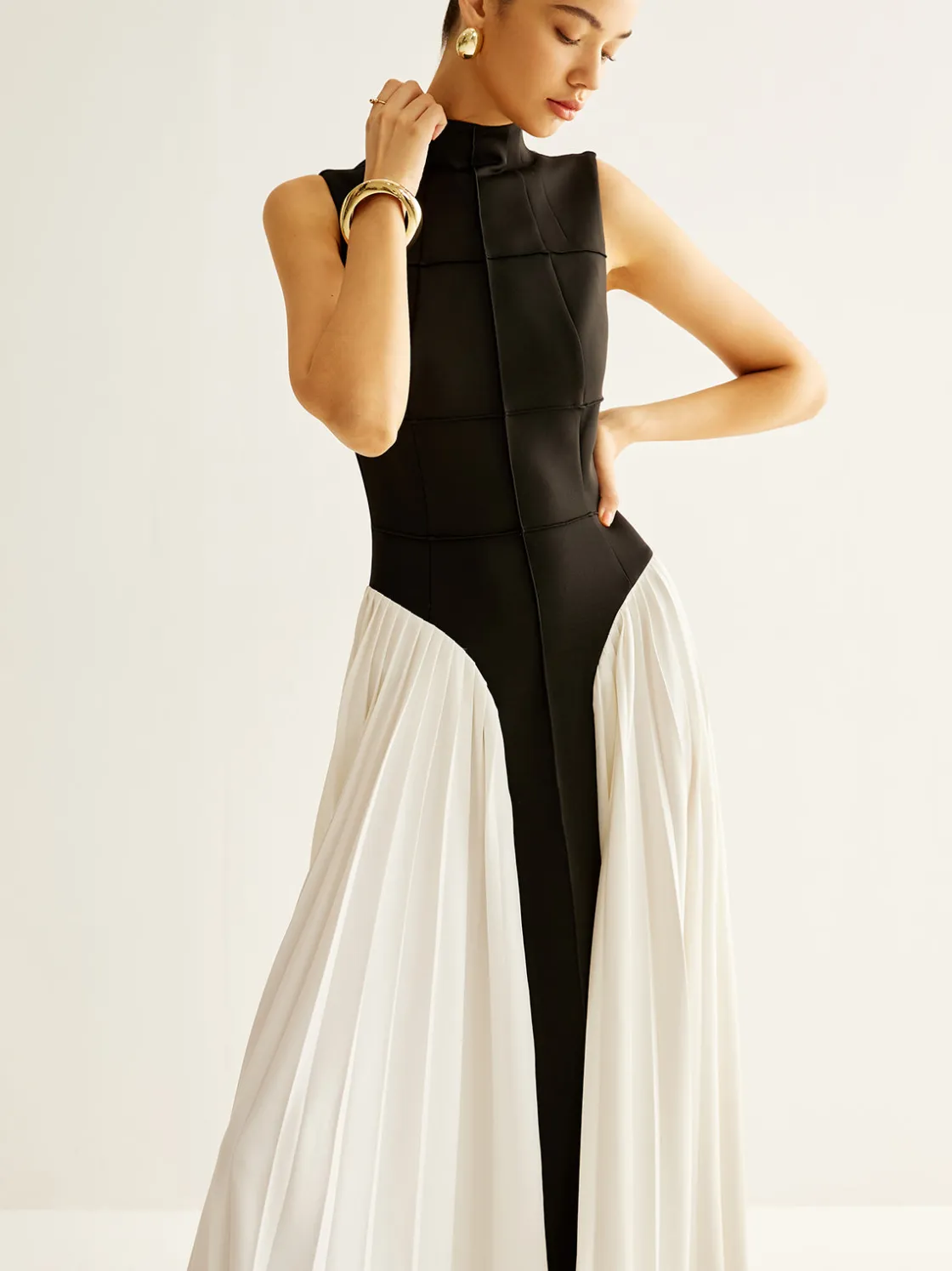 COMMENSE Sleeveless Color Block Pleated Dress* Black Dresses|Casual Dresses