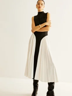 COMMENSE Sleeveless Color Block Pleated Dress* Black Dresses|Casual Dresses