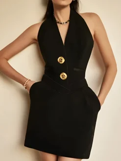 COMMENSE Sleeveless Halter V Neck Dress With Gold Buttons* Black Dresses|Work Dresses