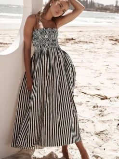 COMMENSE Sleeveless Pinstripe Long Dress* Black Dresses|Casual Dresses