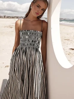 COMMENSE Sleeveless Pinstripe Long Dress* Black Dresses|Casual Dresses