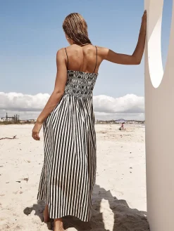 COMMENSE Sleeveless Pinstripe Long Dress* Black Dresses|Casual Dresses