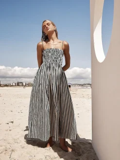 COMMENSE Sleeveless Pinstripe Long Dress* Black Dresses|Casual Dresses