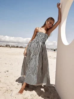 COMMENSE Sleeveless Pinstripe Long Dress* Black Dresses|Casual Dresses