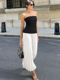 COMMENSE Sleeveless Pleated Long Dress* White Dresses|Casual Dresses