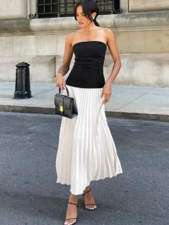 COMMENSE Sleeveless Pleated Long Dress* White Dresses|Casual Dresses
