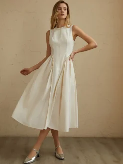COMMENSE Sleeveless Pockets Pleated Midi Dress* White Dresses|Black Dresses