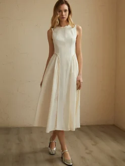 COMMENSE Sleeveless Pockets Pleated Midi Dress* White Dresses|Black Dresses