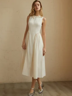COMMENSE Sleeveless Pockets Pleated Midi Dress* White Dresses|Black Dresses