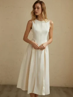 COMMENSE Sleeveless Pockets Pleated Midi Dress* White Dresses|Black Dresses