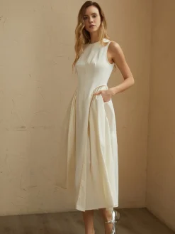 COMMENSE Sleeveless Pockets Pleated Midi Dress* White Dresses|Black Dresses