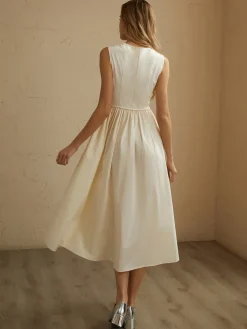 COMMENSE Sleeveless Pockets Pleated Midi Dress* White Dresses|Black Dresses