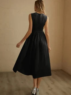 COMMENSE Sleeveless Pockets Pleated Midi Dress* White Dresses|Black Dresses
