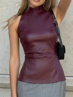 COMMENSE Sleeveless PU Leather Skinny Blouse* Blouses & Shirts|Tops