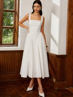 COMMENSE Sleeveless Square Neck Backless Midi Dress* White Dresses|Casual Dresses
