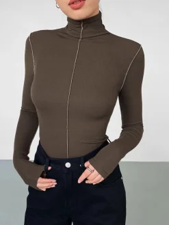 COMMENSE Slinky Turtleneck Contrast Trim Ribbed Knit Shirt* T-shirts|Knitwear