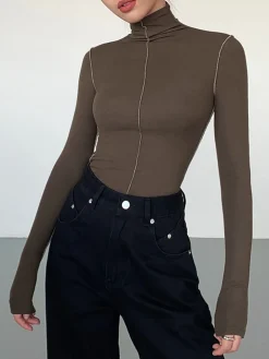 COMMENSE Slinky Turtleneck Contrast Trim Ribbed Knit Shirt* T-shirts|Knitwear