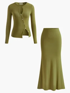 COMMENSE Slit Button Fishtail Skirt Set* Skirt Sets|Long Sleeve Sets