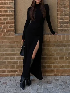 COMMENSE Slit Pleated Long Sleeve Bodycon Mock Neck Long Dress* Black Dresses|Casual Dresses