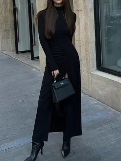 COMMENSE Slit Pleated Long Sleeve Bodycon Mock Neck Long Dress* Black Dresses|Casual Dresses