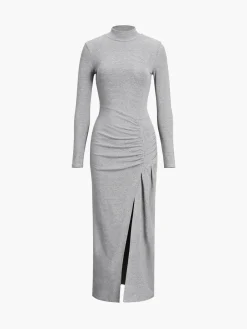 COMMENSE Slit Pleated Long Sleeve Bodycon Mock Neck Long Dress* Black Dresses|Casual Dresses