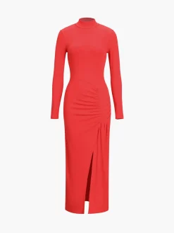 COMMENSE Slit Pleated Long Sleeve Bodycon Mock Neck Long Dress* Black Dresses|Casual Dresses