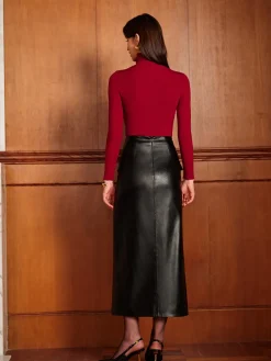 COMMENSE Slit PU Leather Straight Skirt* Skirts|Matching Sets