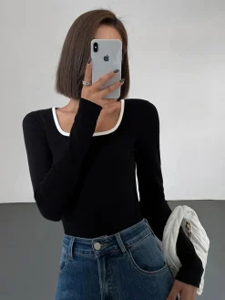 COMMENSE Sliver Lining Contrast Neckline Long Sleeve Top* Sweater Tops|T-shirts