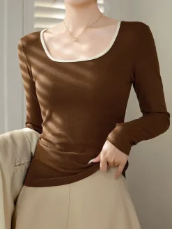 COMMENSE Sliver Lining Contrast Neckline Long Sleeve Top* Sweater Tops|T-shirts