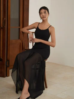 COMMENSE Solid Asymmetrical Hem Cami Long Dress* Black Dresses|Casual Dresses
