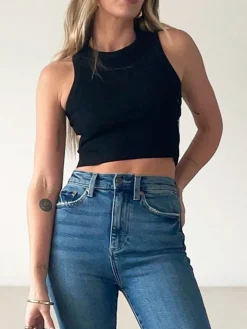 COMMENSE Solid Back Cutout Crop Tank Top* Sweater Tops|Crop Tops